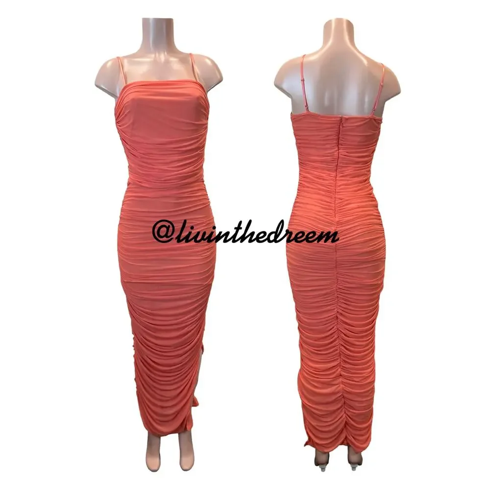 Venus Coral Ruched Bodycon Side Slit Maxi Dress SZ M